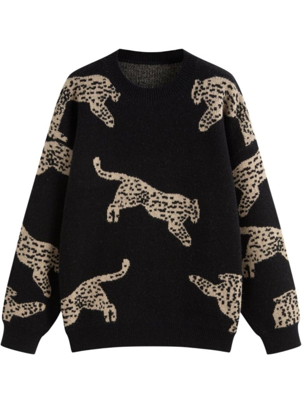 Leopard Print Crew Neck Long Sleeve Boho Knit Sweater - Casual Fall Pullover
